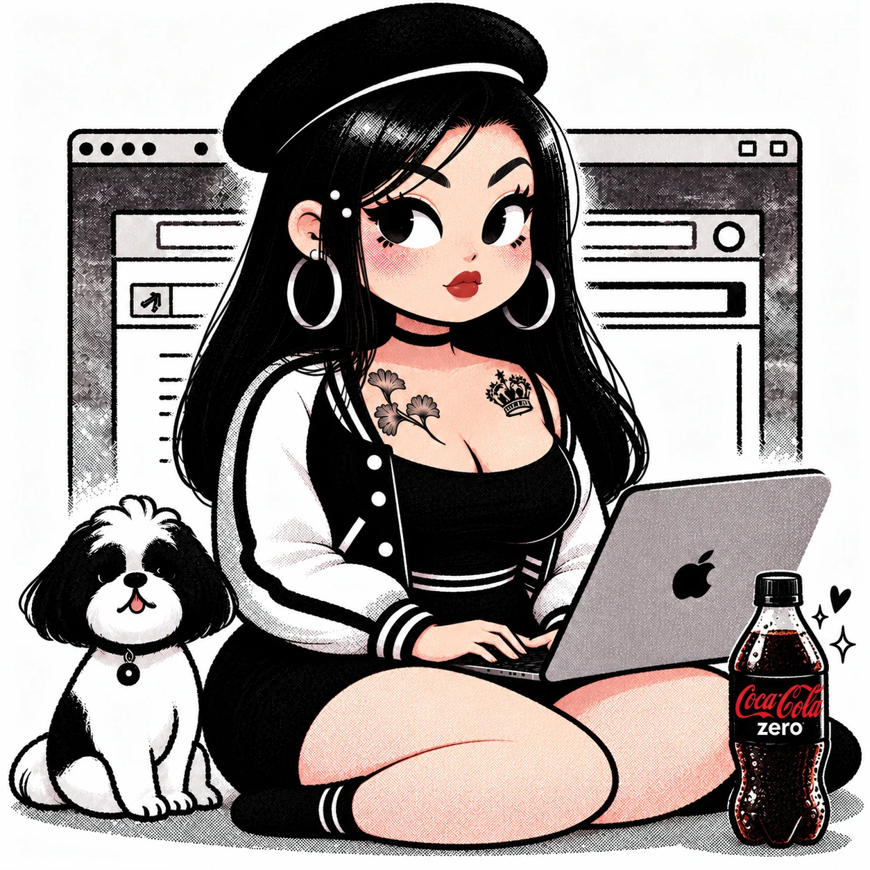 Comic illustration of Eleonor, wearing silver hoops and displaying her ginkgo and crown tattoos, coding with Coco and a Coke Zero